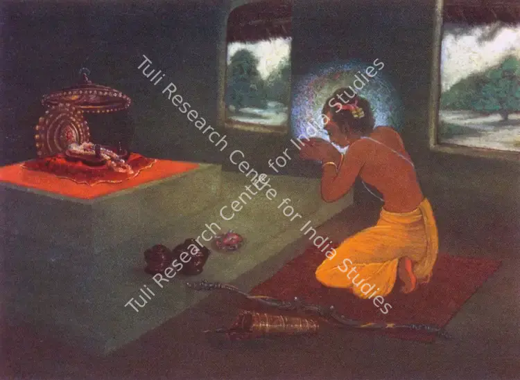 Arya, Badri Nath (Artist). Bharat Worshipping Ram's Sandals . Wash on paper, c.1960 | Painting | FineArts | 00373834
