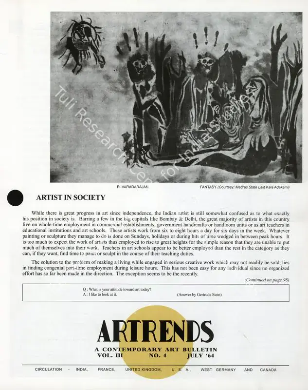 Janakiram, P.V. (Editor). Artrends - A Contemporary Art Bulletin. 3(4). Madras: Progressive Painters, July 1964 | Bulletin | FineArts | 00842091