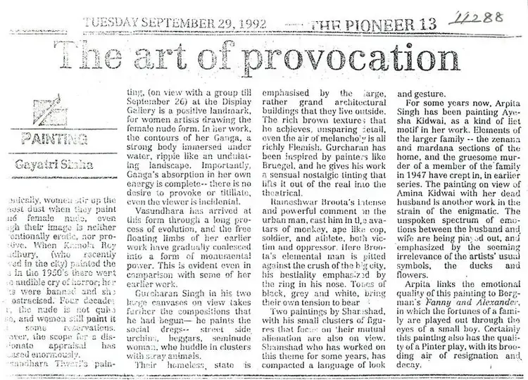 Sinha, Gayatri (Writer). The Art of Provocation. The Pioneer, 29 September 1992 | Newspaper clipping | FineArts | 00635236