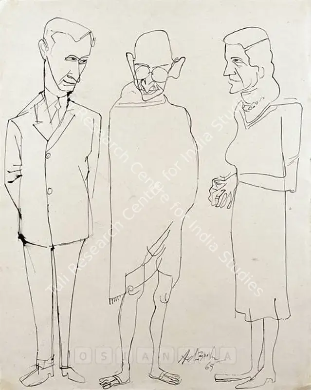 Adimoolam, K.M. (Artist). Gandhiji With The Mountbattens. Ink and watercolour on paper, 1969 | Painting  | 00881819