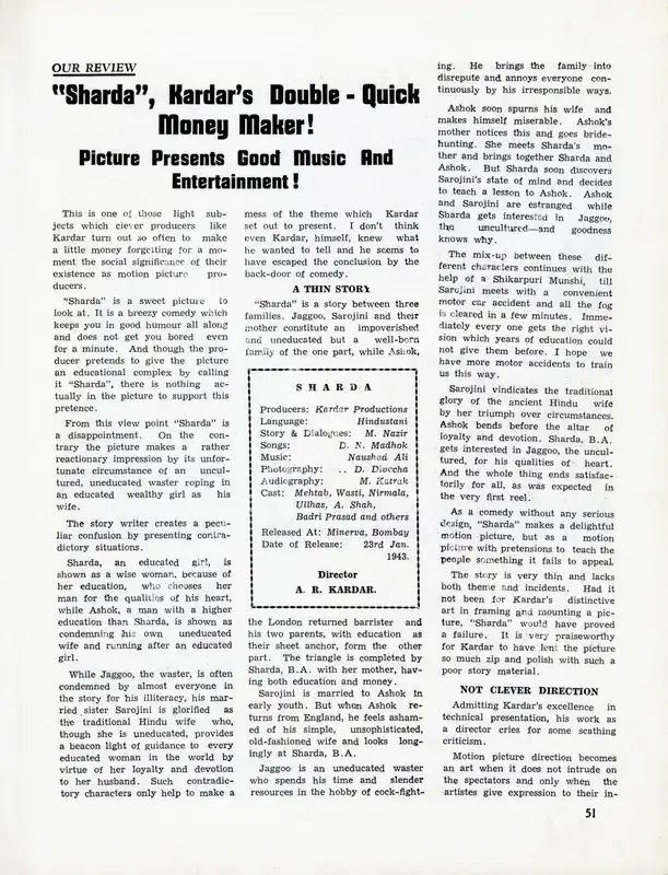 "Sharda", Kardar's Double - Quick Money Maker! - Picture presents Good Music and Entertainment!. In <i>Filmindia.</i> 9(3), pp. 51,53. Bombay: Baburao Patel, March 1943 | Film Review | CinemaEducation | 00858727