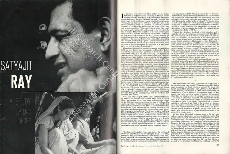 Rhode, Eric (Essayist). Satyajit Ray. 30(3), pp. 133-136. London: Sight & Sound, Summer 1961 | Essay | CinemaEducation | 00731613