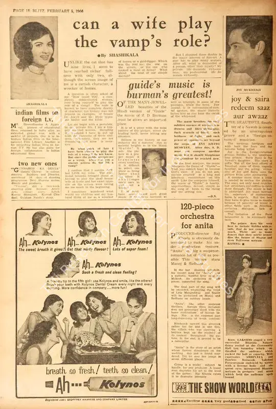 Shashikala (Essayist). Can a Wife Play the Vamp's Role ?. In <i>Blitz - India's Greatest Weekly.</i> p. 18. Bombay: R.K. Karanjia, 05 February 1966 | Film Review | CinemaEducation | 00142804