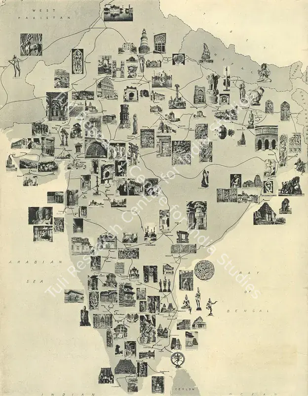 Unknown (Cartographer). Heritage Monuments and Sites in India. 1951 | Map, Marg, April 1951 | Scholarship | 00535952