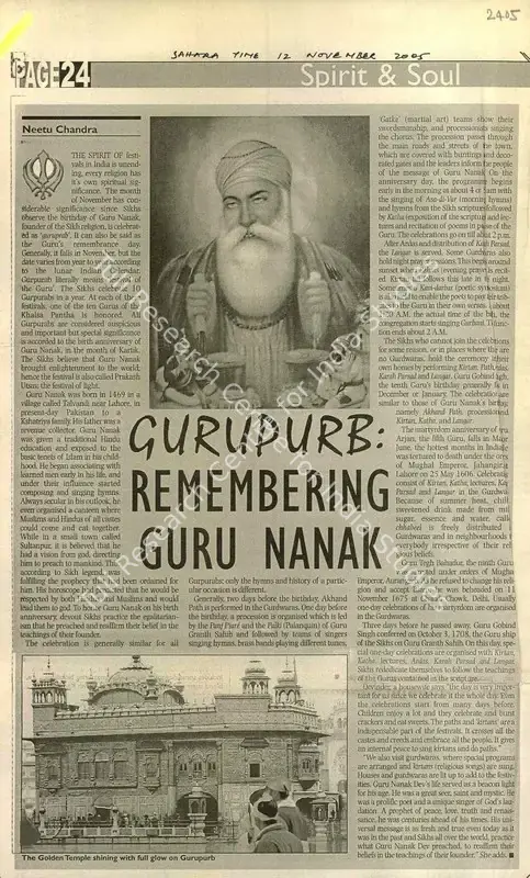 Chandra, Neetu (Reporter). Gurupurn; Remembering Guru Nanak. Sahara Time, 12 November 2005 | Newspaper Clipping | ArcHeritage | 00848001