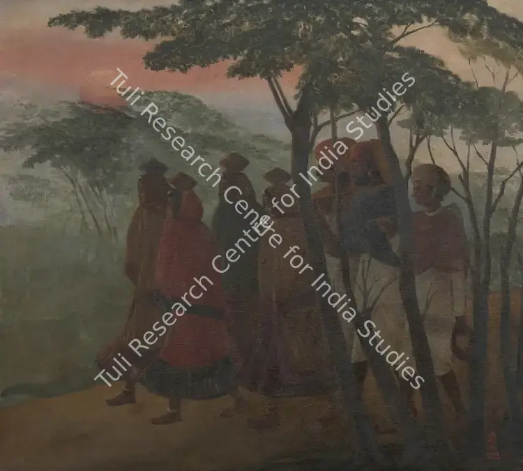 Dugar, Indra (Artist). Trek to Work. Oil on canvas, 1972 | Painting | EconomicsArt | 00870862