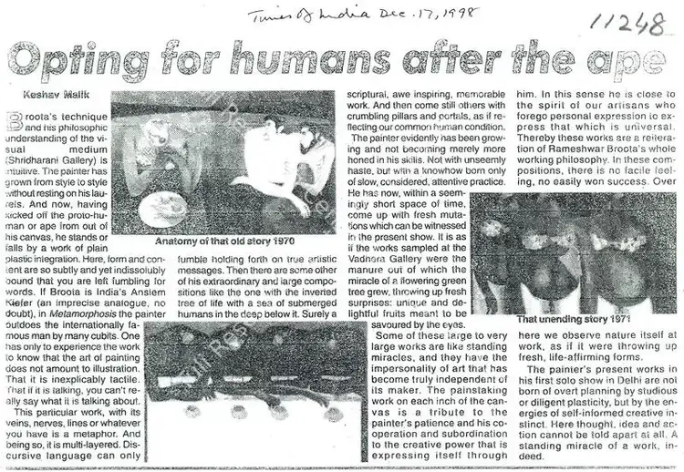 Malik, Keshav (Writer). Opting For Humans Ofter the Ape. The Times of India, 17 December 1998 | Newspaper clipping | FineArts | 00635245