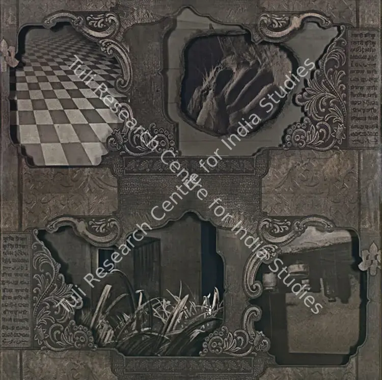 Chobisa, Dilip (Artist). Nostalgia II. Graphite on paper, digital print on canvas, thread, PVC sheet, wooden ply, painted wooden frame and acrylic glass, 2013 | Graphic Art | FineArts | 00332549