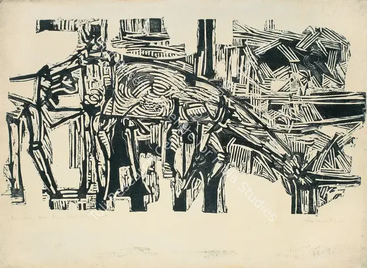 Sheikh, G.M. (Artist). Man, Woman, Horse. Linocut, 1963 | Graphic Art | FineArts | 0022174