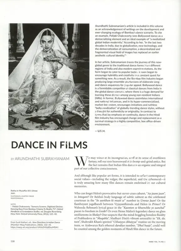 Subramaniam, Arundhathi (Essayist). Dance in Film. In <i>Marg - Readings on Dance- From 75 Years of Marg.</i> 74(1), pp. 118-125. Mumbai: The Marg Foundation, September-December 2022 | Essay | CinemaEducation | 00668895