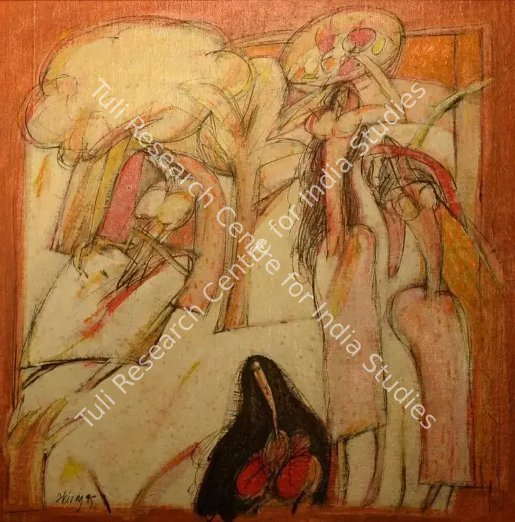 Choudhury, Dhiraj (Artist). Women carrying bowls of food with woodland. Oil on board, 1995 | Painting | FineArts | 00332149
