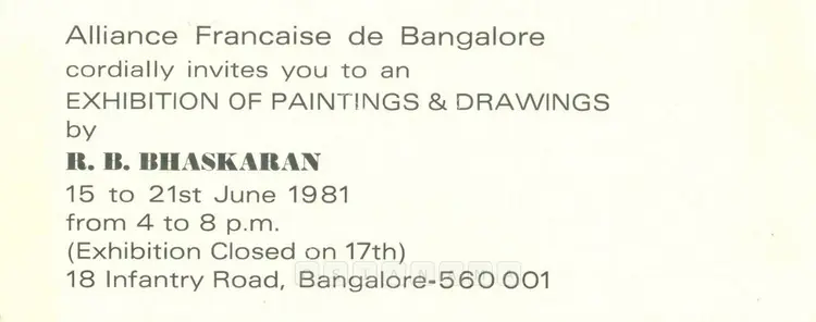 Bhaskaran, R.B. (Artist). R.B. Bhaskaran. Bangalore: Alliance Francaise, 1981 | Solo Exhibition Invitation | FineArts | 00858902