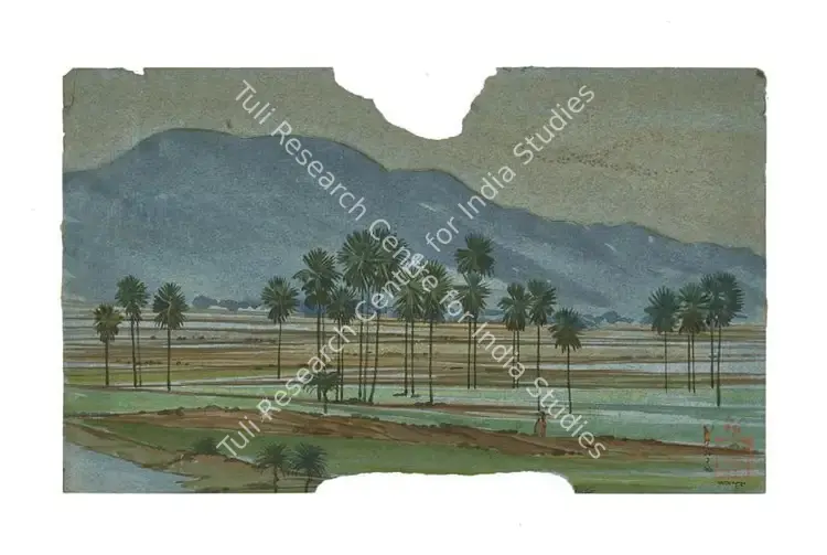 Dugar, Indra (Artist). Blue Hills of Rajgir. Tempera on blue Japanese paper, 1966 | Painting | FineArts | 00353704