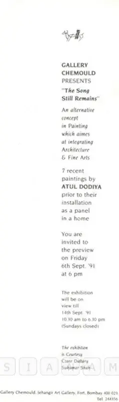 Dodiya, Atul (Artist). "The Song Still Remains" - 7 Recent Paintings by Atul Dodiya. Mumbai: Gallery Chemould, 1991 | Solo Exhibition Invitation | FineArts | 00859077