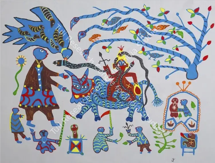 Baiga, Jodhaiya Bai (Artist). Bholenath, Nandi, & Devotees In Jungle. Acrylic on canvas, 2016 | Painting | EconomicsArt | 00871655