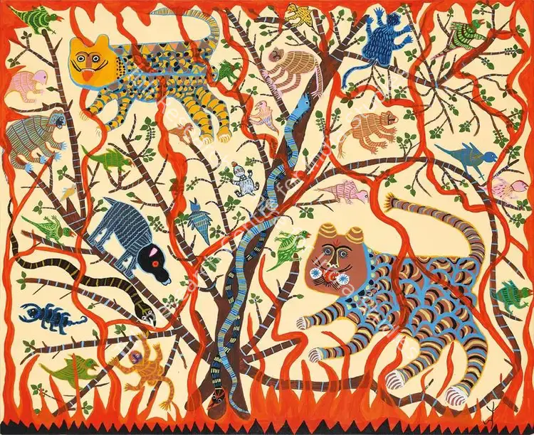 Baiga, Jodhaiya Bai (Artist). Bandhavgarh Ka Jalta Jungle. Acrylic on canvas, 2022 | Painting | FineArts | 00356677