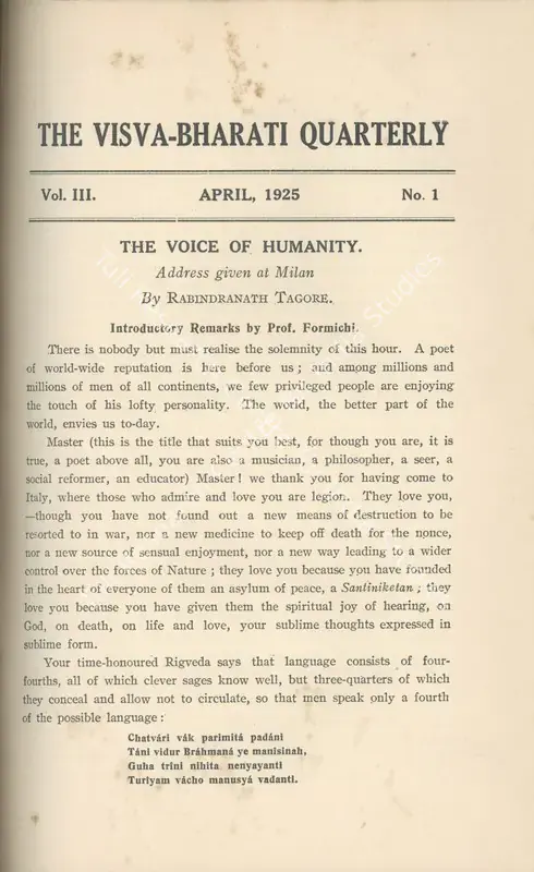 Tagore, Rabindranath (Editor). Visva-Bharati Quarterly. 3(1). Calcutta: Kishorimohan Santra, April 1925 | Journal | FineArts | 00502430