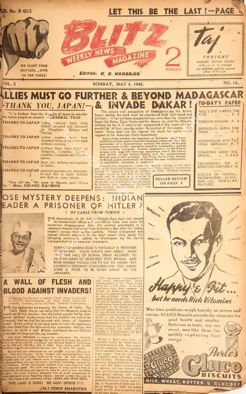 Karanjia, R.K. (Editor). Blitz - Weekly News Magazine. Bombay: R.K. Karanjia, 09 May 1942 | Magazine | CinemaEducation | 00796726