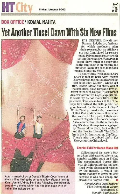 Nahta, Komal (Reporter). Yet Another Tinsel Dawn With Six new Films. New Delhi: Hindustan Times, 01 August 2003 | Newspaper Clipping | CinemaEducation | 00848301