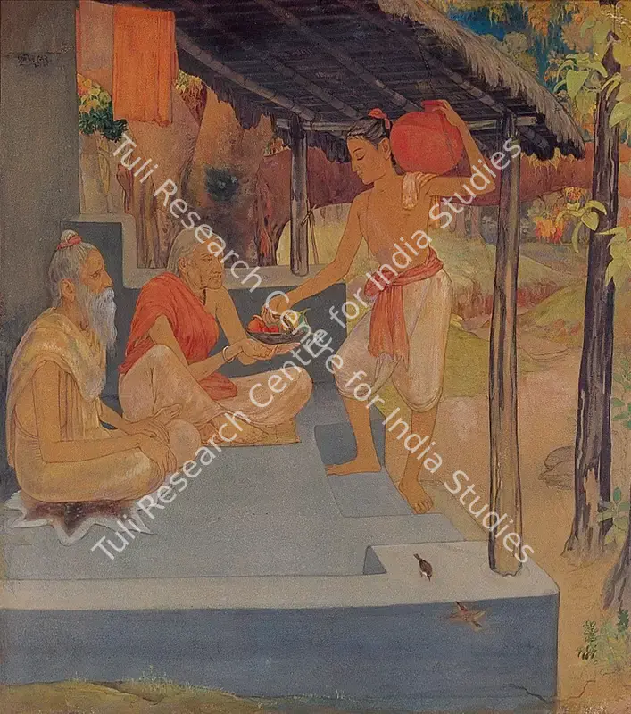 Sen, Sushil (Artist). Shravan and Blind Parents at Ashram. Watercolour and wash on paper, 1945 | Painting | FineArts | 00371552