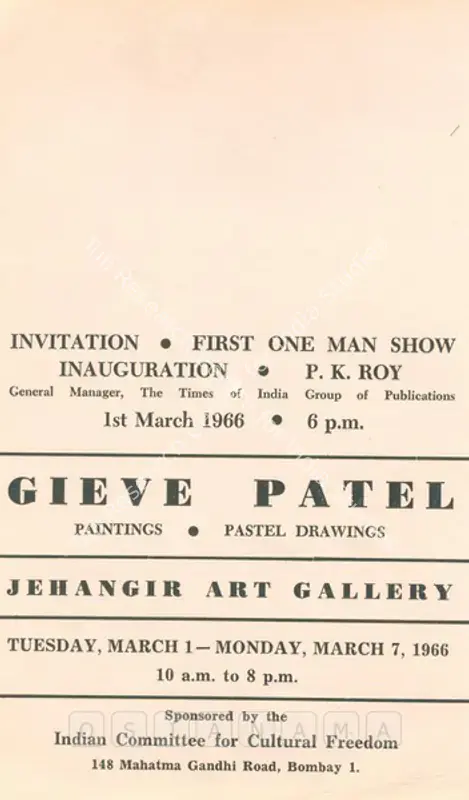 Patel, Gieve (Artist). Gieve Patel - Paintings, Pastel Drawings. Bombay: Indian Committee for Cultural Freedom, 1966 | Solo Exhibition Invitation | FineArts | 00859450