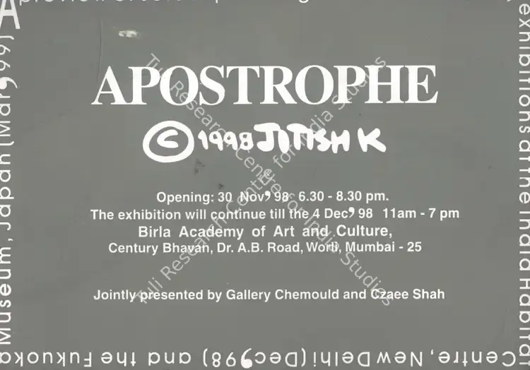 Kallat, Jitish (Artist). Apostrophe - Jitish Kallat. Mumbai: Gallery Chemould, 1998 | Solo Exhibition Invitation | FineArts | 00859184
