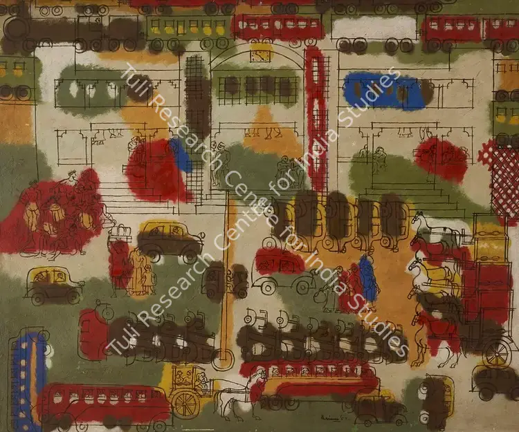 Parimoo, Ratan (Artist). Untitled (Baroda Railway Station). Mixed media on board, 1957 | Painting | FineArts | 00353671