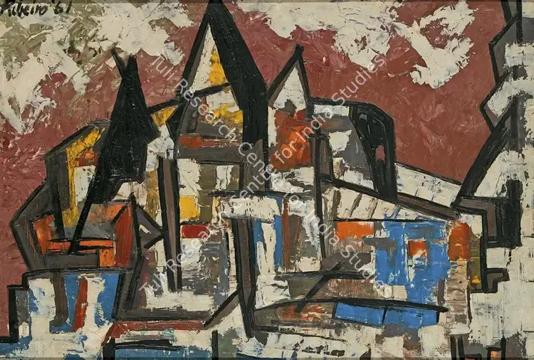 Ribeiro, Lance (Artist). Houses. Oil on board, 1961 | Painting | EconomicsArt | 00871389