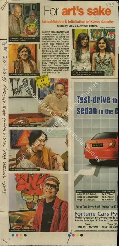 Chandra, Predeep (Reporter). For Art's Sake - Art Exhibition & Felicitation of Kekoo Gandhy. Mumbai: DNA, 14 July 2008 | Newspaper Clipping | FineArts | 00848386