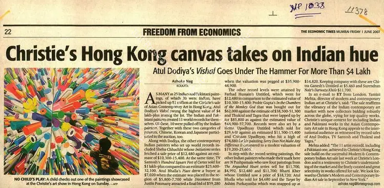 Nag, Ashoke (Reporter). Christe's Hong Kong Canvas Takes On Indian Hue - Atul Dodiya's Vishal Goes Under The Hammer For More Than $4 Lakh. Mumbai: The Times of India, 01 June 2007 | Newspaper clipping | FineArts | 00635335