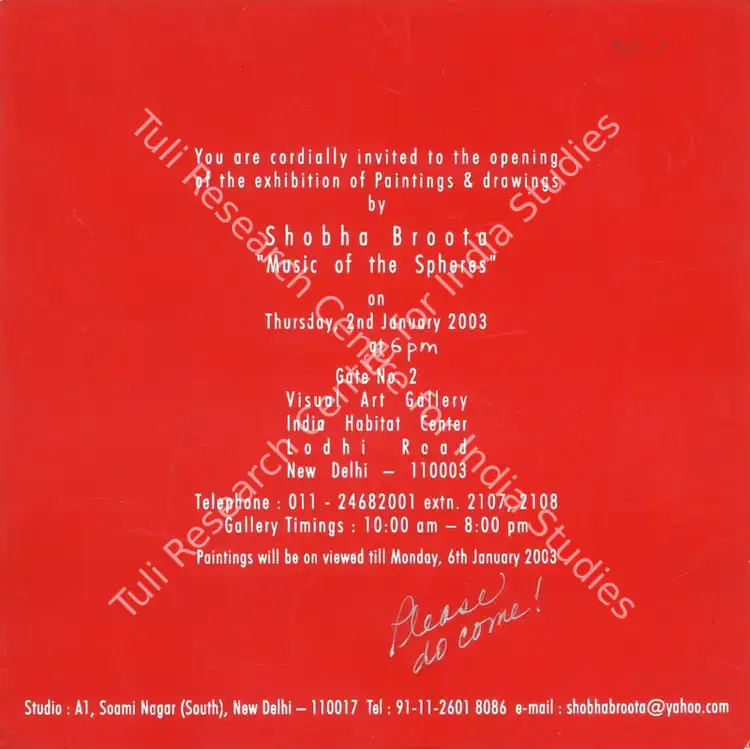 Broota, Shobha (Artist). Exhibiiton of Paintings & Drawings by Shobha Broota - Music of the Spheres. New Delhi: Visual Art Gallery, 2003 | Solo Exhibition Invitation | FineArts | 00859878