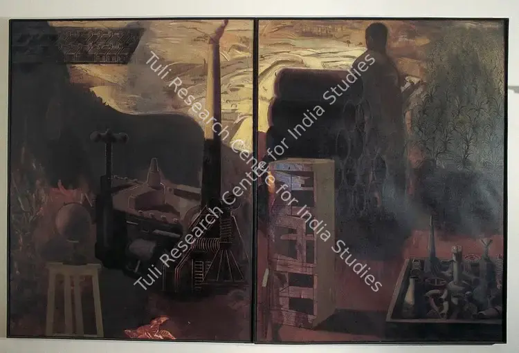 Sharma, Nataraj (Artist). New Housing Society at the Outskirts of the City. Oil and charcoal on canvas, 1996 | Painting  | 00877505