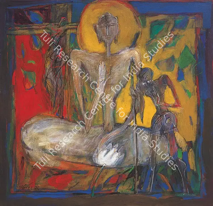 Choudhury, Dhiraj (Artist). Buddha and Gandhiji. Acrylic on canvas, 1995 | Painting | FineArts | 00371606
