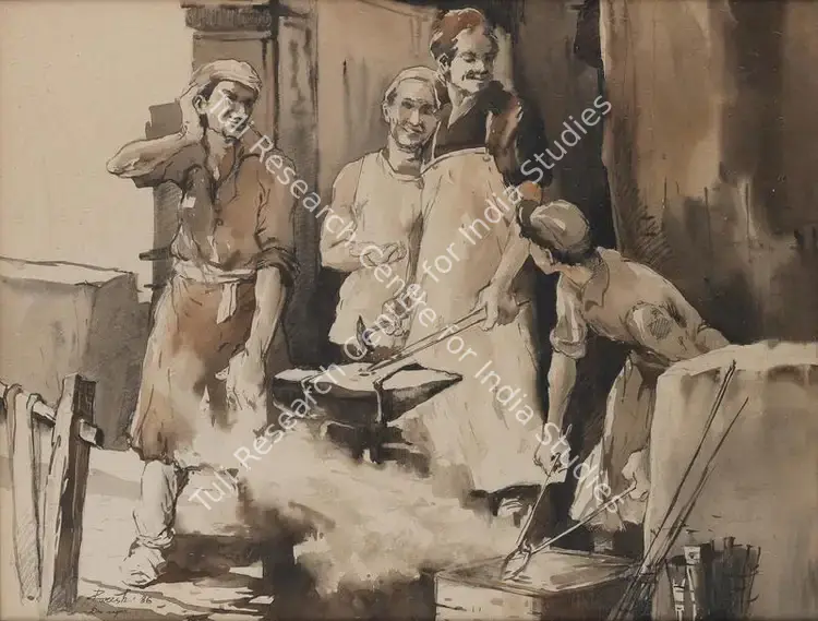 Maity, Paresh (Artist). Untitled (Workers). Watercolour and pencil on paper, 1986 | Painting | FineArts | 00352407