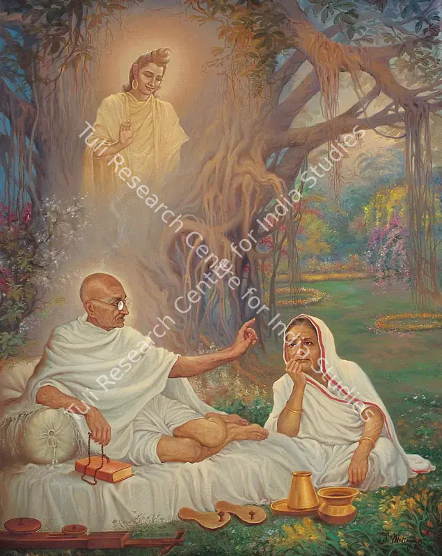 Mahajan, Sunil (Artist). Ram Blessing Gandhiji and Kasturba. Oil on canvas, 1997 | Painting | FineArts | 00373260