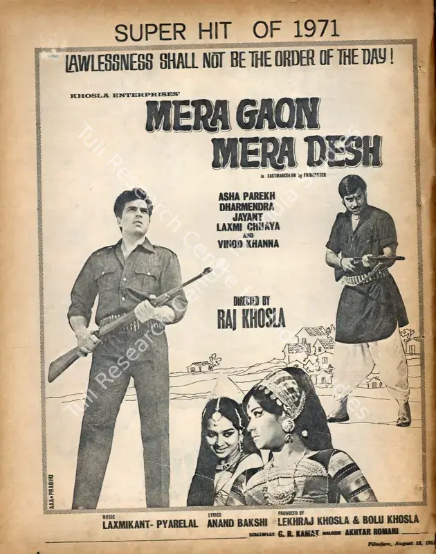Khosla, Bolu (Producer), Mera Gaon Mera Desh, 1971 | Advertisement, Filmfare, 13 August 1971 | CinemaEducation | 00791465