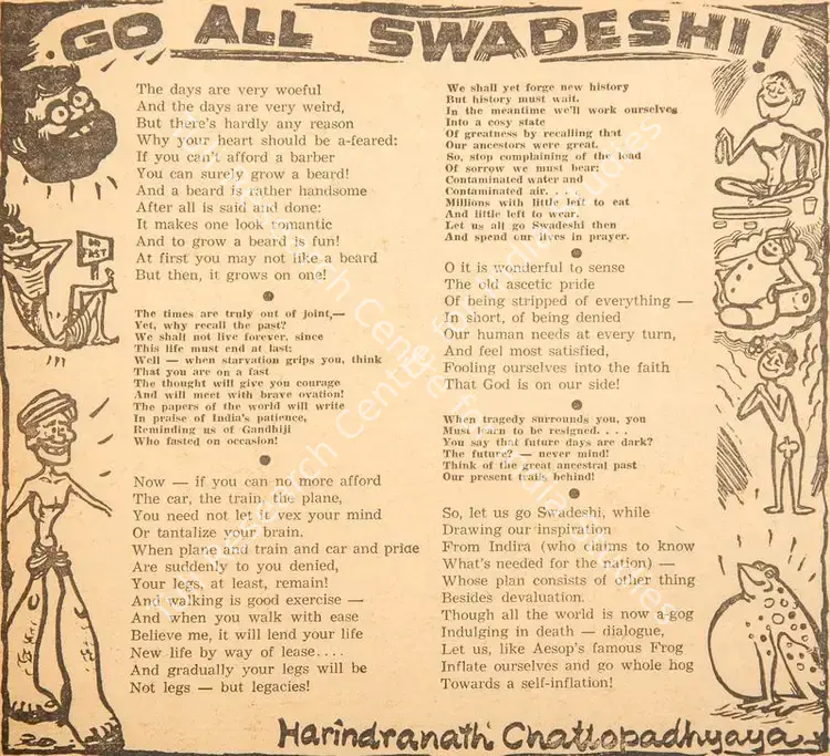 Chattopadhyay, Harindranath (Poet). Go All Swadeshi. In <i>Blitz - India's Greatest Weekly.</i> p. 15. Bombay: R.K. Karanjia, 09 July 1966 | Poem | CinemaEducation | 00146012