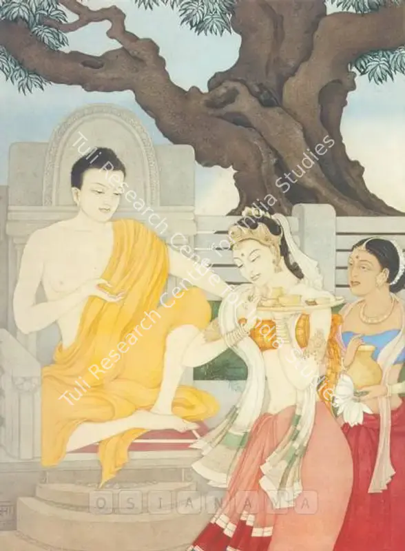 Mukherjee, Roma (Artist). Buddha And Amrapali. Watercolour on paper, 1956 | Painting  | 00878014
