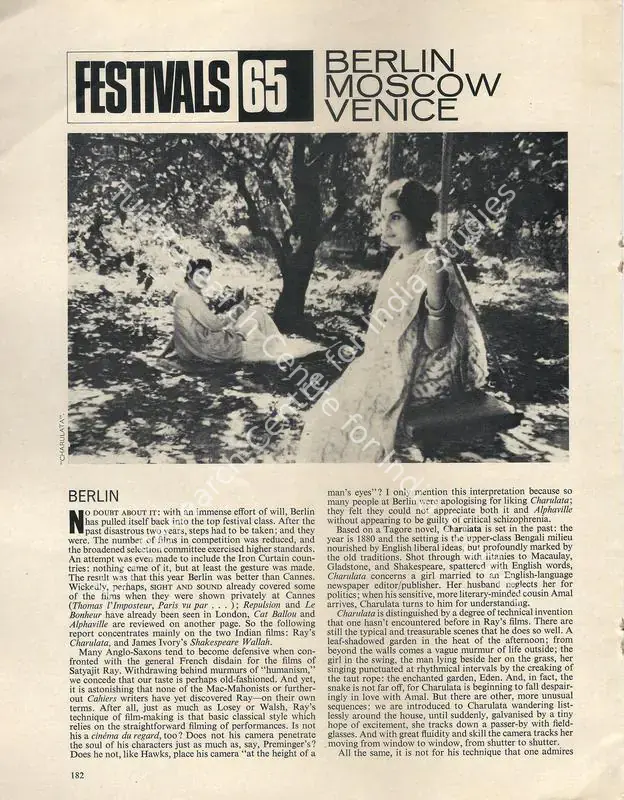 Roud, Richard (Essayist). Festivals 65 - Berlin. 34(4), pp. 182-183. London: Sight & Sound, Autumn 1965 | Essay | CinemaEducation | 00731626