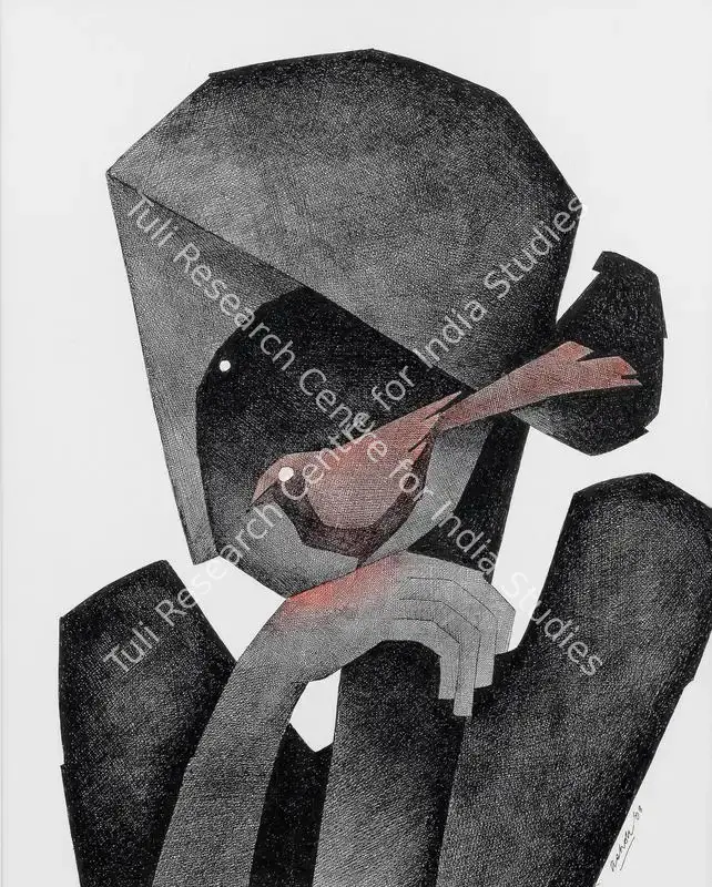 Bhowmick, Ashok (Artist). Untitled (Lady with bird). Mixed media on card, 2003 | Painting | FineArts | 00419266