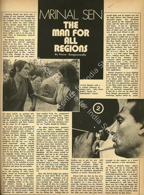 Rangoonwalla, Firoze (Essayist). Mrinal Sen: The Man for all Regions. Unknown, 10 March 1978 | Essay | CinemaEducation | 00554010