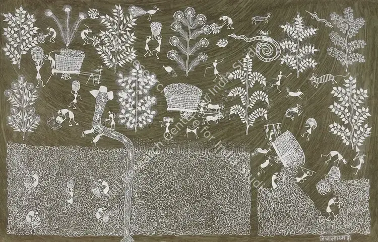 Mashe, Jivya Soma (Artist). Untitled (Harvest). Natural pigment on paper, n.d. | Painting | EconomicsArt | 00871419