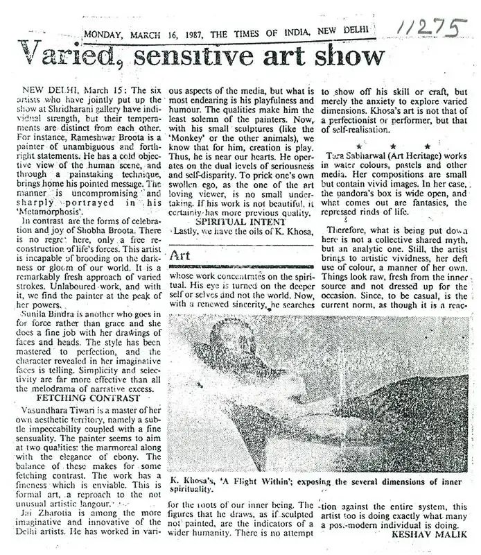Malik, Keshav (Writer). Varied, Sensrtive Art Show - K. Khosa's, 'A Flight Within'; Exposing The Several Dimensions of Inner Spirituality. The Times of India, 16 March 1987 | Newspaper clipping | FineArts | 00635228