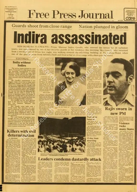 Joglekar, Shrikant (Editor). Indira Assassinated. 53(162). Free Press Journal, 1 November 1984 | Journal | CinemaEducation | 00149370