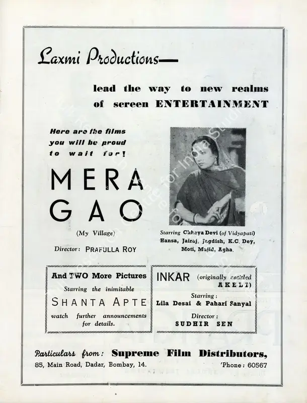 Roy, Prafulla (Director), Mera Gaon, 1942 | Advertisement, Filmindia, October 1942 | CinemaEducation | 00858537
