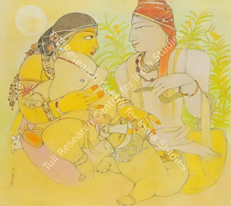 Bandopadhyay, Ramananda (Artist). Shiva Parvati and Ganesh. Mixed media on paper, 1998 | Painting  | 00877693