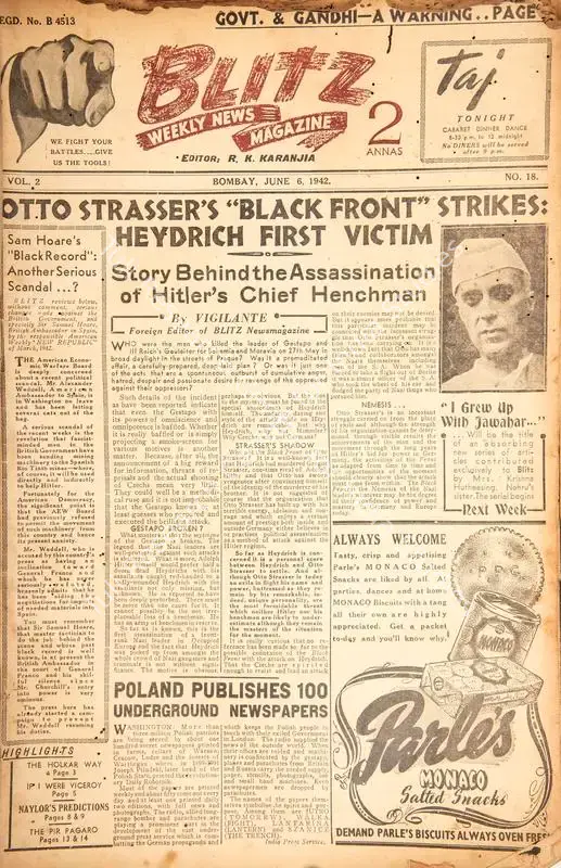 Karanjia, R.K. (Editor). Blitz - Weekly News Magazine. Bombay: R.K. Karanjia, 06 June 1942 | Magazine | CinemaEducation | 00796730