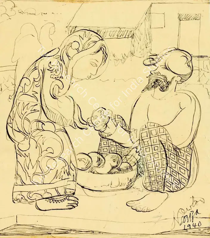 Souza, F.N. (Artist). Untitled (Fruit Seller). Ink on paper, 1940 | Drawing | FineArts | 00332728