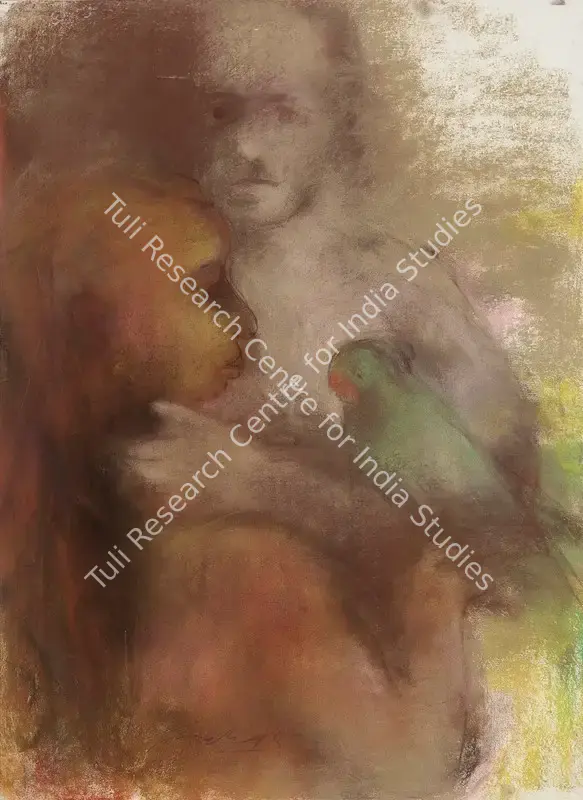 Singh, Sardar Gurcharan (Artist). Untitled (Figures with Parrot). Pastel and charcoal on paper, 1995 | Painting | FineArts | 00418903