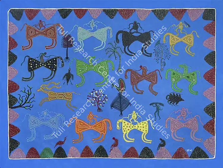 Bai, Bhuri (Artist). Untitled (Life in My Village). Acrylic on canvas, circa 2014 | Painting | EconomicsArt | 00872163